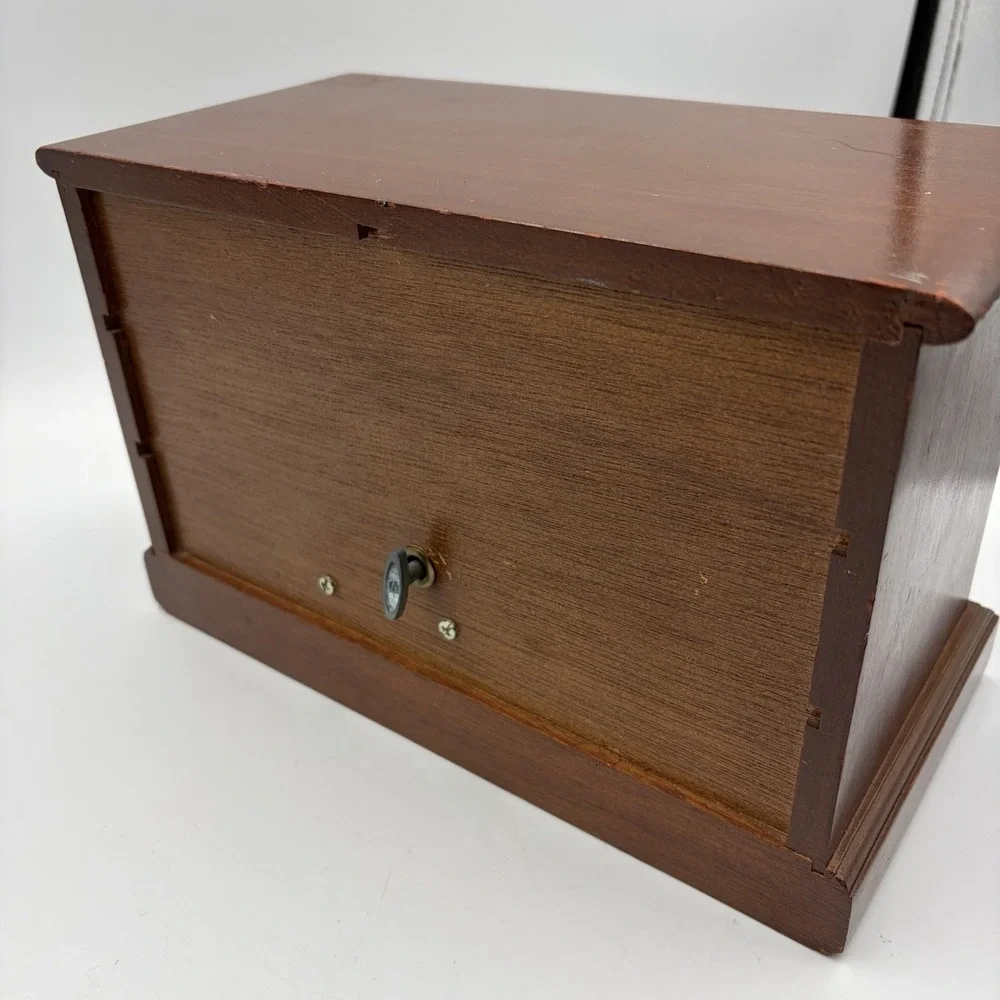 Vtg Brown Wood Rectangle Jewelry Box Organizer w/ Drawers Music Box‎ MCM Cottage
